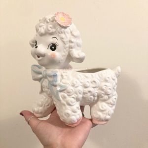 Vintage 60s White Lamb Planter Adorable Lamb With Pink Flower In Hair Blue Bow